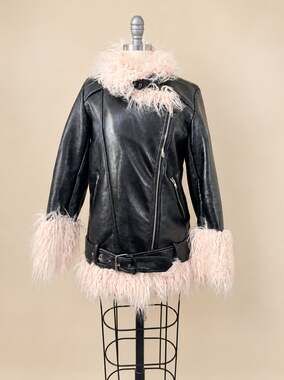 Forever 21 Contemporary Black Faux Leather Moto Jacket Shaggy Fur Trim Small